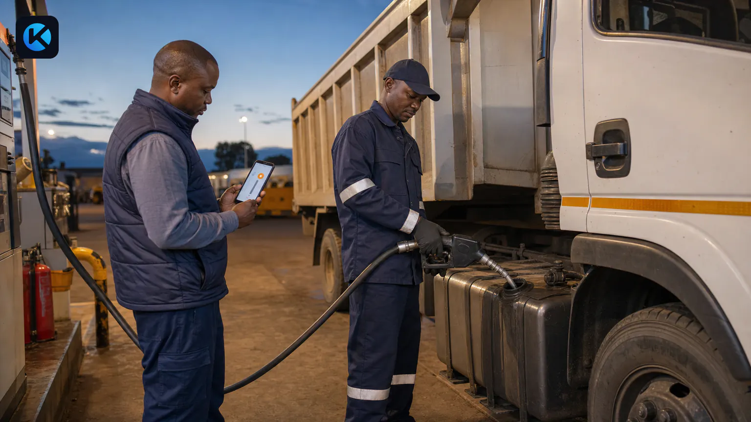 Kenyan fleet supervisor reviewing a fuel anomaly while a truck is refuelled