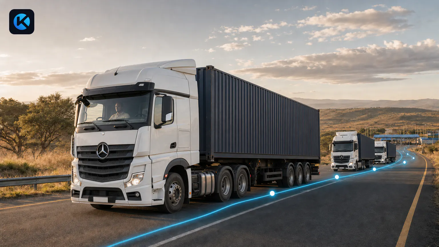 Mercedes-Benz Actros trucks travelling in convoy on the Northern Corridor