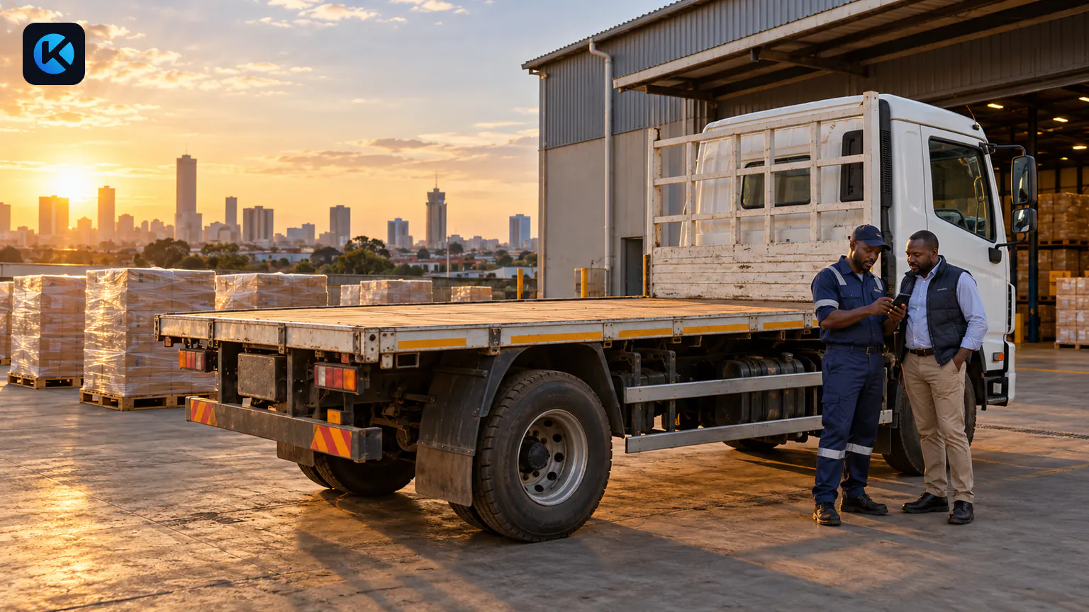 AI-generated scene of a Kenyan driver and dispatcher planning a return load beside an empty flatbed truck