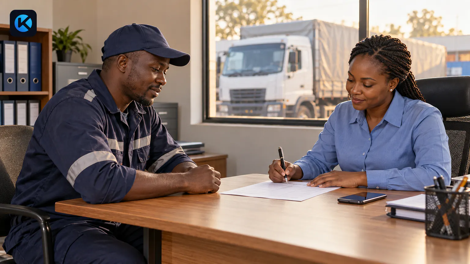 AI-generated scene of a Kenyan truck driver and accounts manager reviewing a trip settlement record