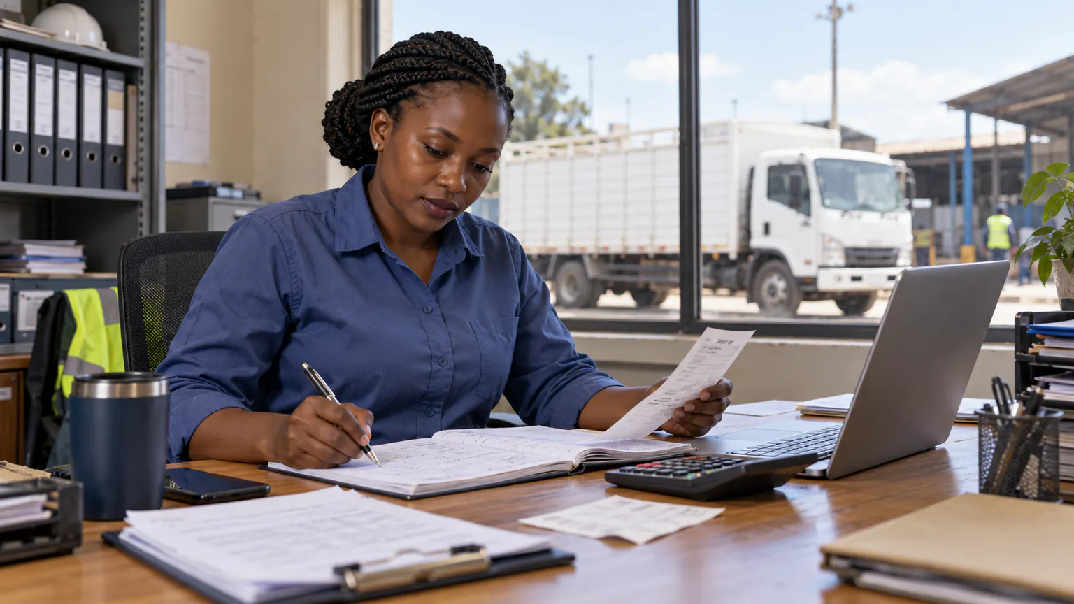 AI-generated editorial illustration: A Kenyan fleet accounts manager checks a fuel receipt and vehicle cost records at a depot office.