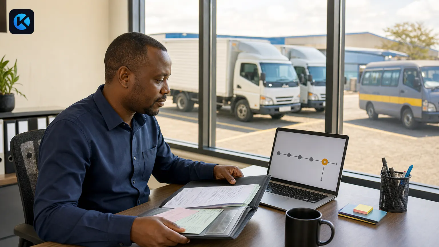 Kenyan fleet manager reviewing vehicle documents and a renewal alert
