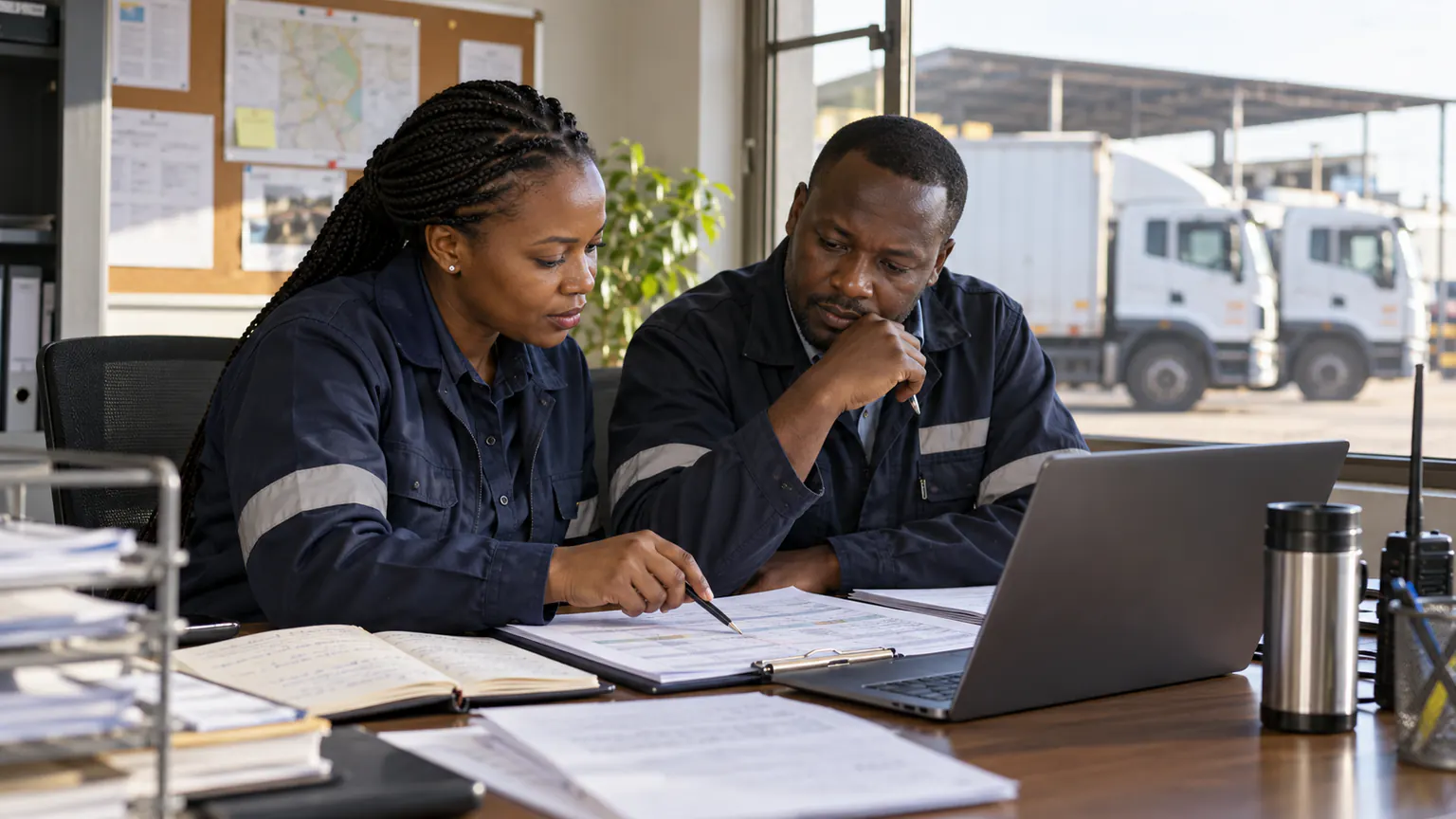 AI-generated editorial illustration: Two Kenyan fleet colleagues review a weekly operations scorecard at a depot office.