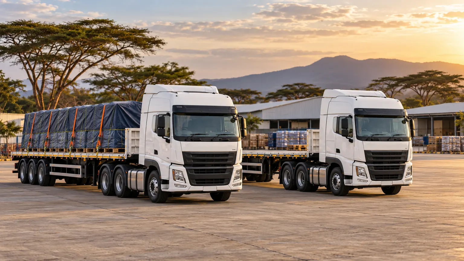 Editorial illustration of similar trucks with a loaded flatbed and an empty trailer parked in an East African logistics yard
