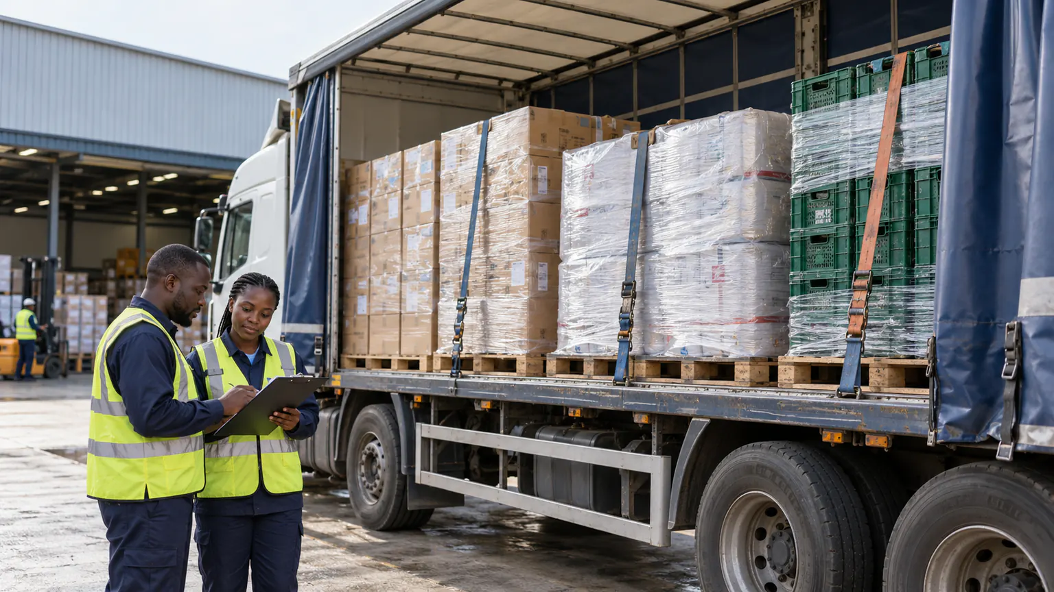 AI-generated editorial illustration: Warehouse staff check separate secured customer consignments on a curtain-sided cargo truck.