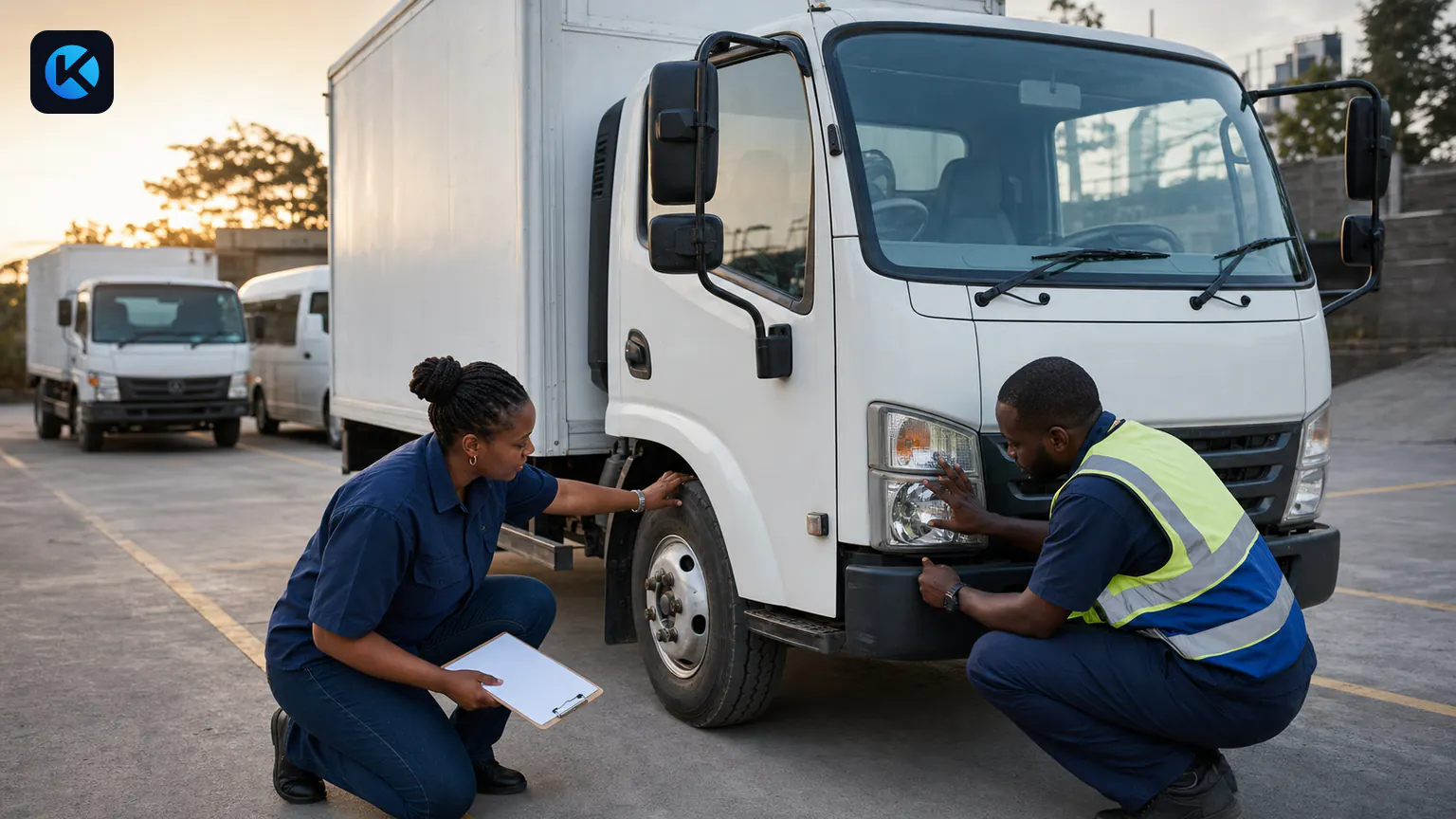 Kenyan fleet team carrying out a pre-trip inspection on a cab-over truck