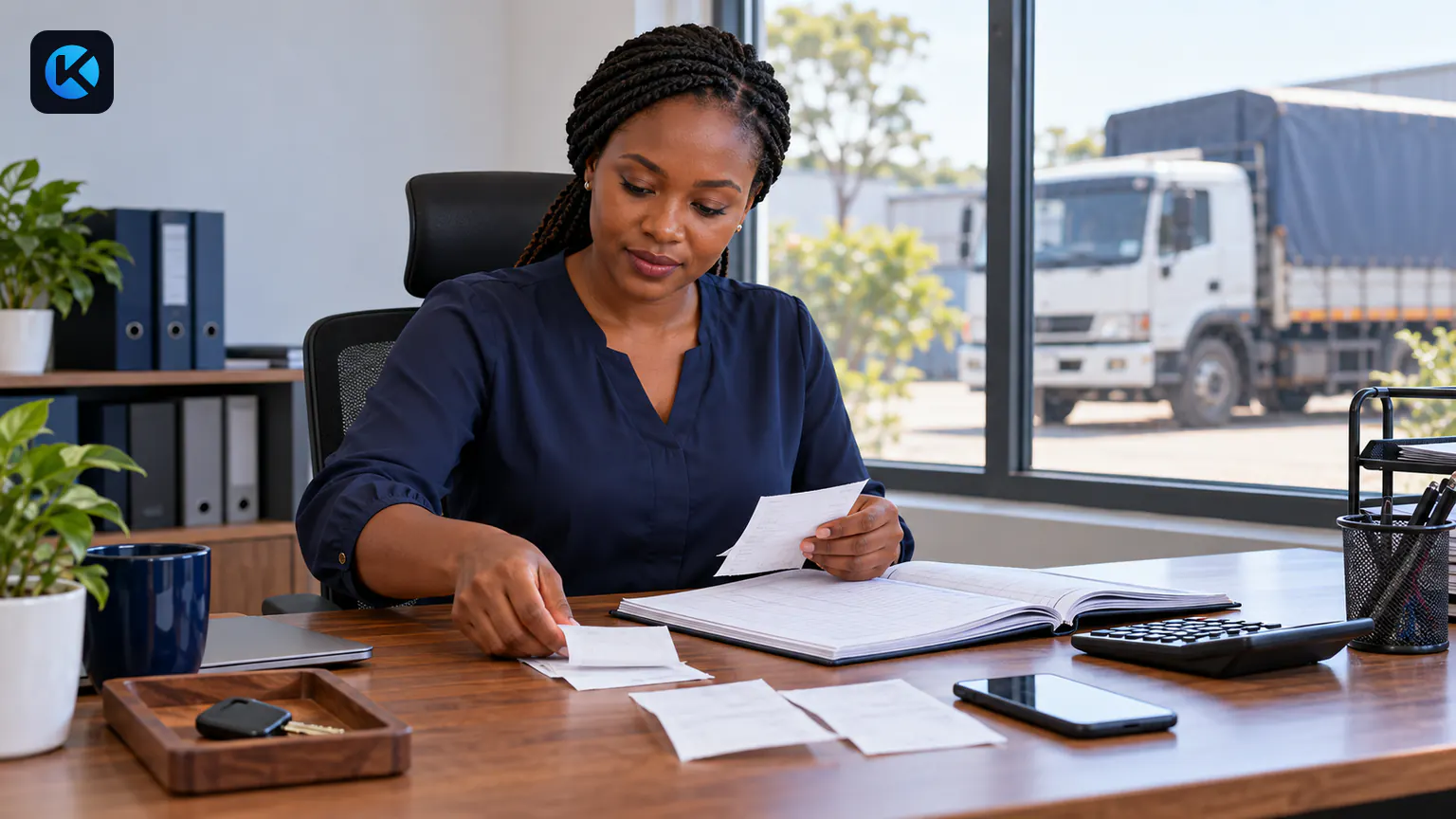 AI-generated scene of a Kenyan fleet finance administrator checking trip receipts and payment records