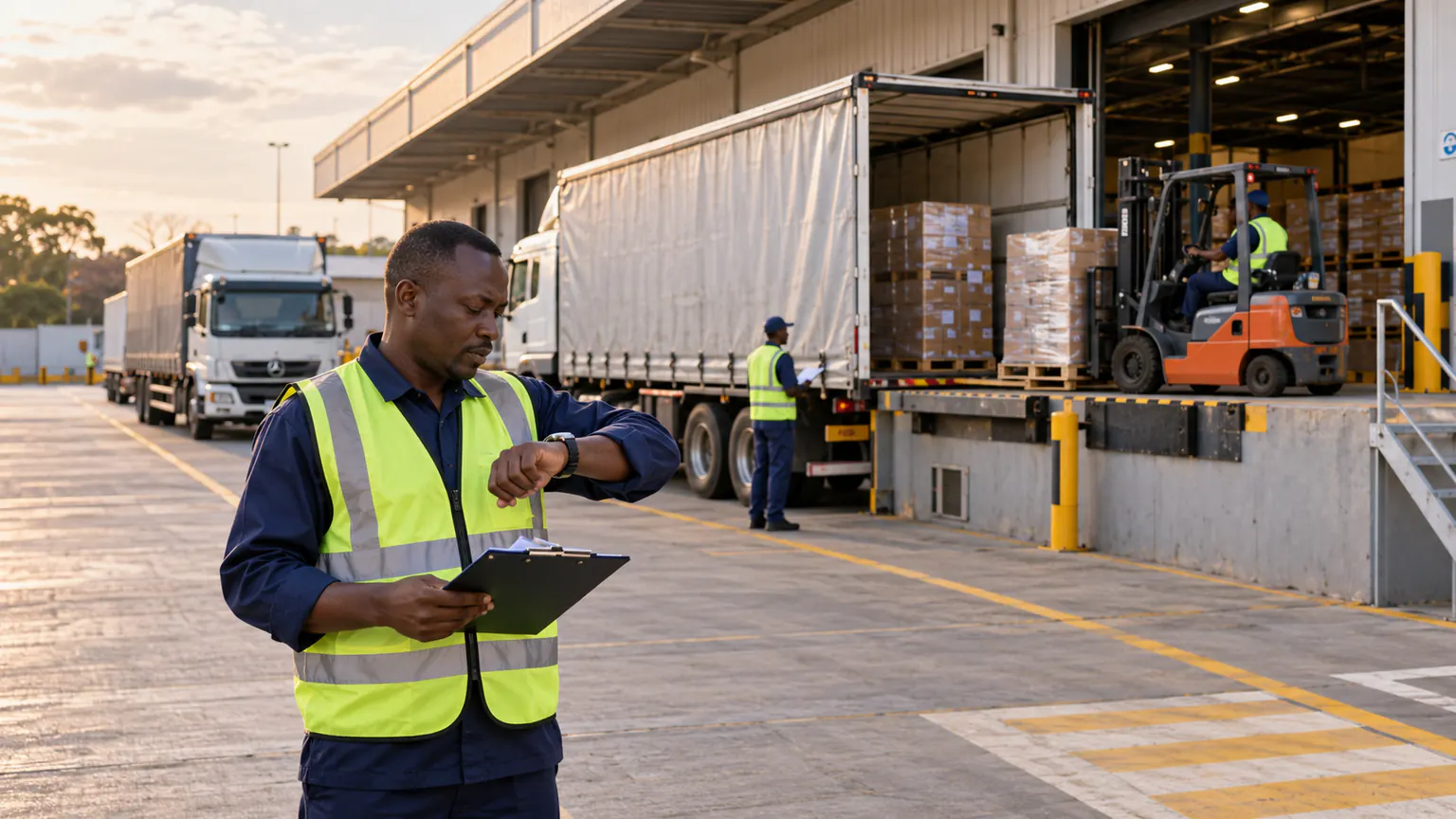 AI-generated editorial illustration: A warehouse coordinator checks waiting time while cargo trucks queue at a loading dock.