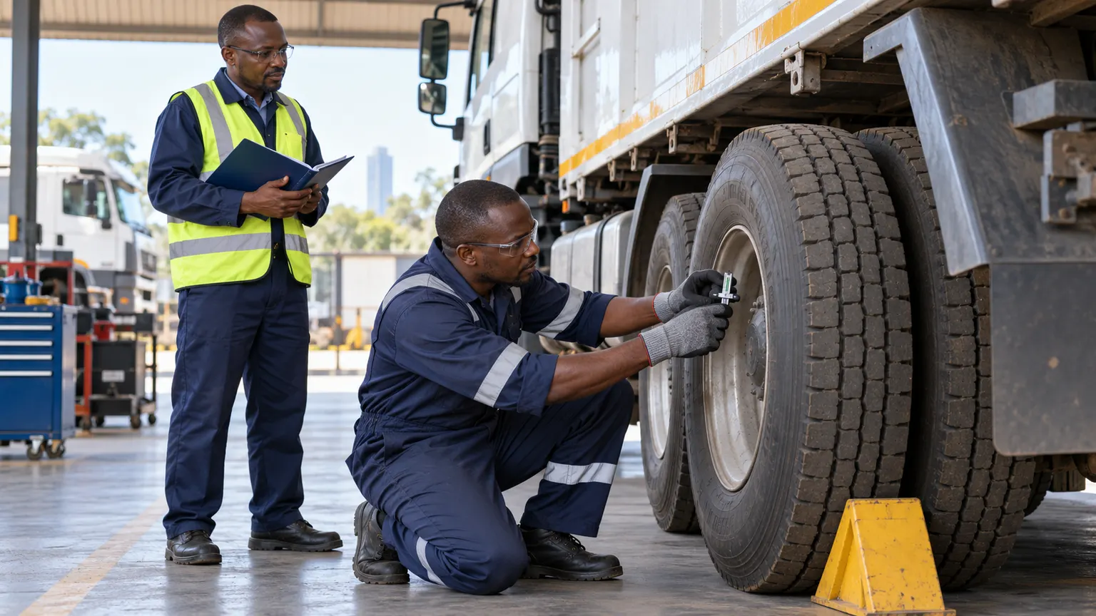 Editorial illustration of a Kenyan workshop technician inspecting a parked truck tyre while a supervisor records the work