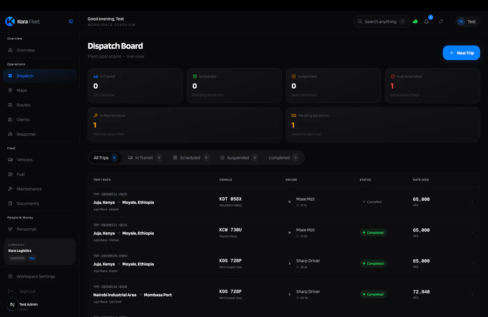 Kora operational workflow view: Set up vehicles, drivers, and dispatch without extra handoffs.