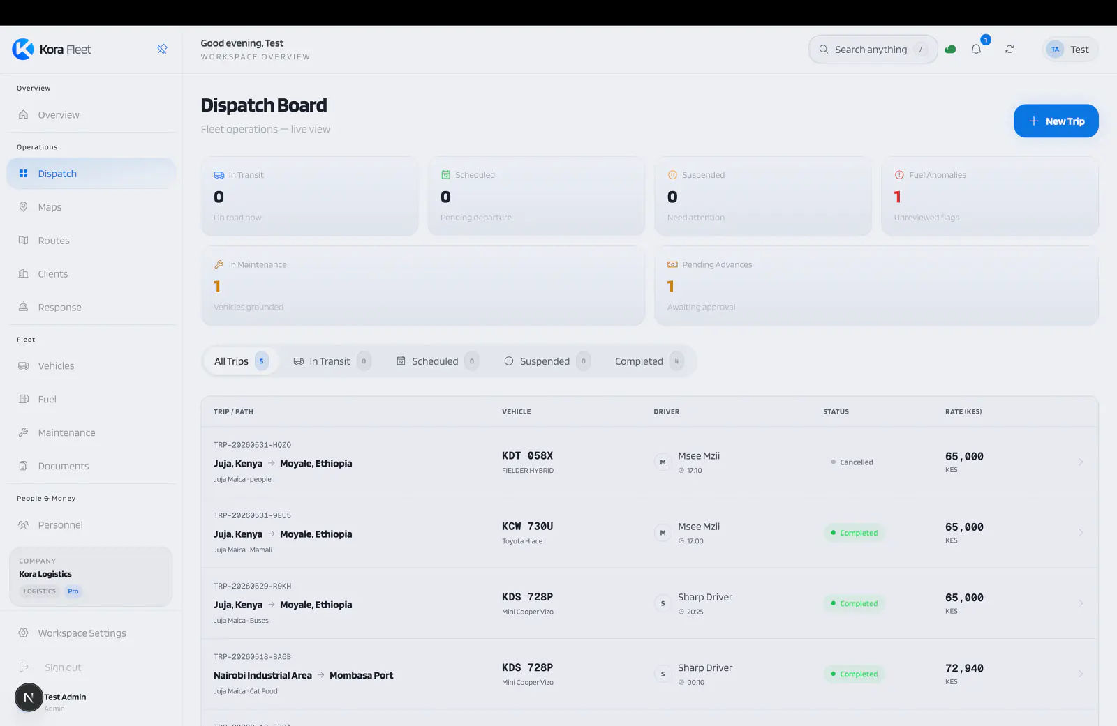Kora operational workflow view: Set up vehicles, drivers, and dispatch without extra handoffs.