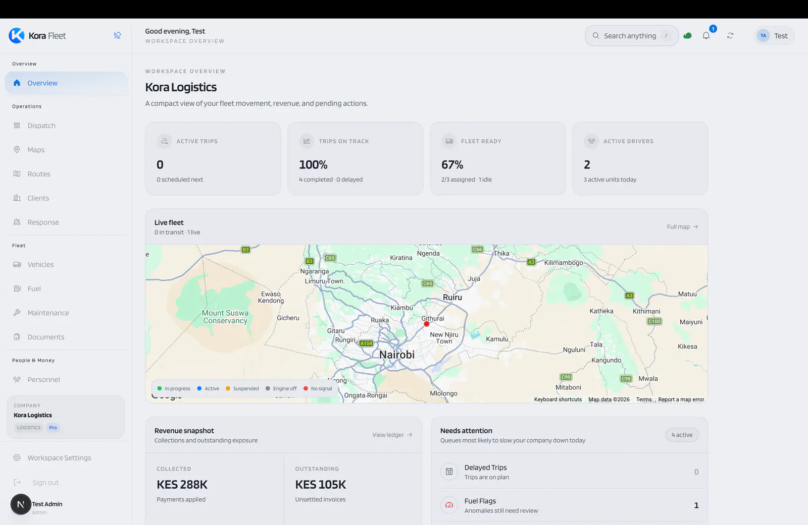 Kora workspace overview with fleet activity, operational summaries, and live monitoring